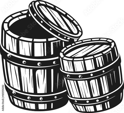 Wooden barrel containers illustration vintage rustic storage, retro cask with open lid for aging whiskey or wine