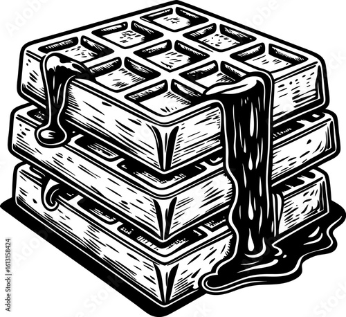 Stacked belgian waffles with melting chocolate syrup dripping, monochrome illustration, sweet dessert breakfast concept