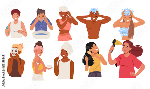 Teens wellness experiencing hygiene and beauty procedures for skin and body care isolated set