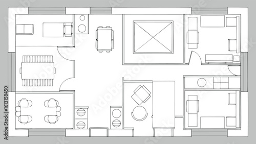 Detailed architectural floor plan showcasing furniture layout and room arrangements in a residence