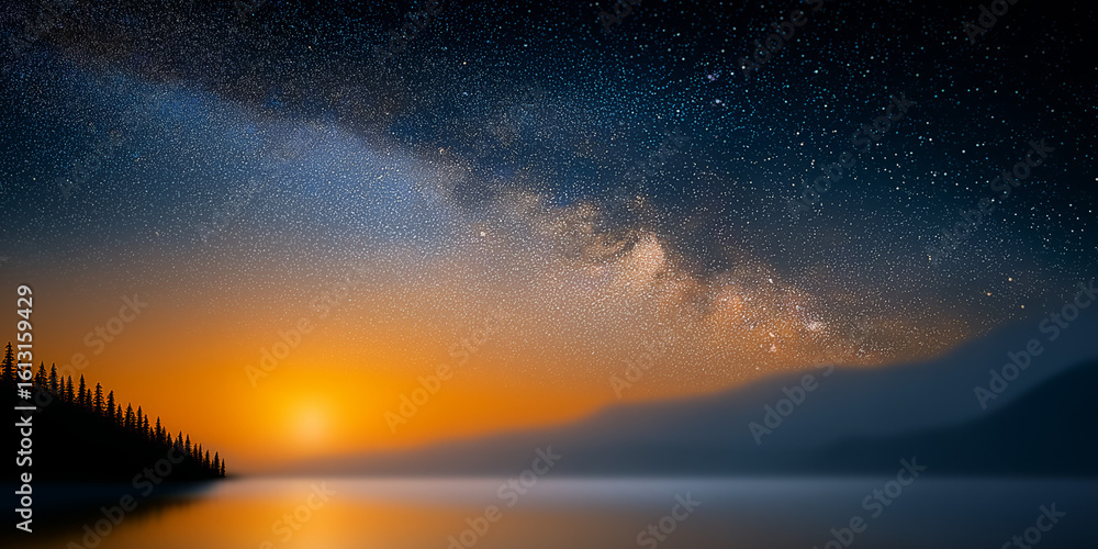 Fototapeta premium Milky Way Galaxy Above Tranquil Lake Reflecting Sunset Hues