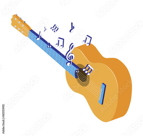 Melody playing classical six string musical guitar. Musical notes fly off the guitar strings. Flamenco guitarist musical instrument. 3D vector concept isolated on white background