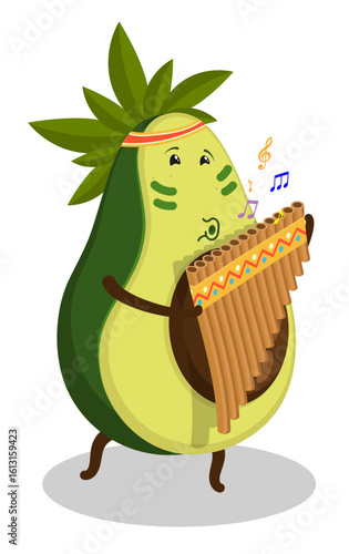 Cheerful musician avocado fruit plays a musical melody on Peruvian wind flute national musical instrument. Cartoon vector isolated on white background
