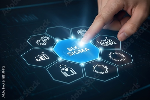 Person s finger touching blue hexagon with six sigma text and icons hand screen