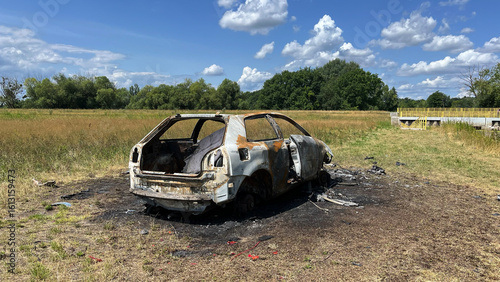 Burnt passenger car. Poland, Wroclaw.