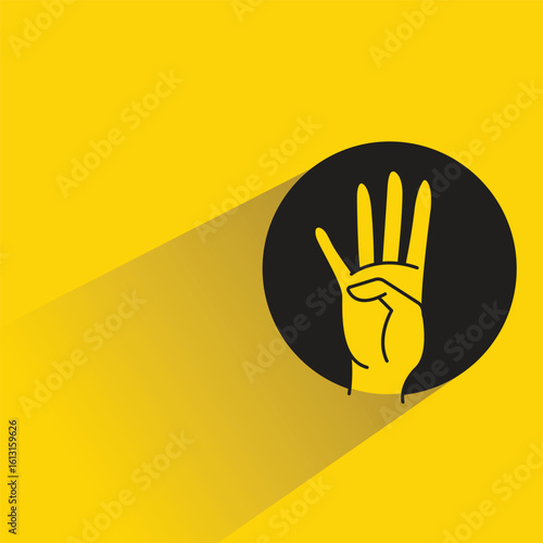 number four hand gesture symbol with shadow on yellow background