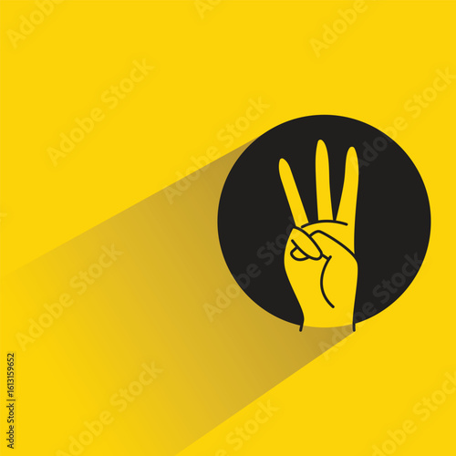 three hand gesture symbol with shadow on yellow background