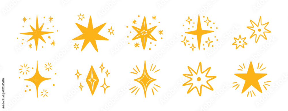 Boho doodle cute hand drawn yellow star set. Star element gold magic symbol decoration collection Boho doodle cute hand drawn yellow star set. Star element gold magic symbol decoration collection