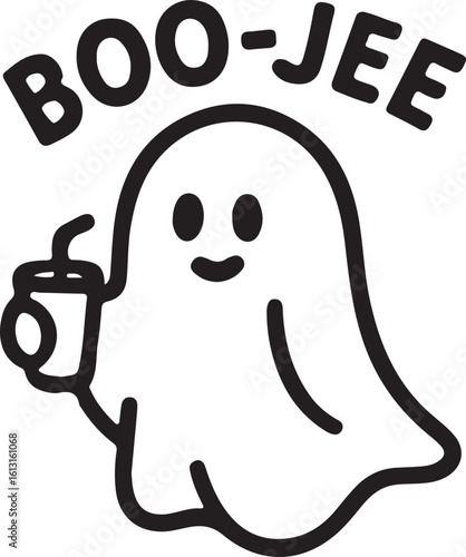 Ghost holding coffee cup with text halloween spooky