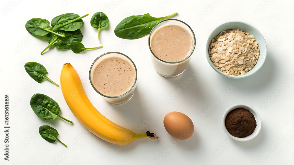 Healthy breakfast smoothie ingredients with spinach banana oats and egg Healthy breakfast smoothie ingredients with spinach banana oats and egg