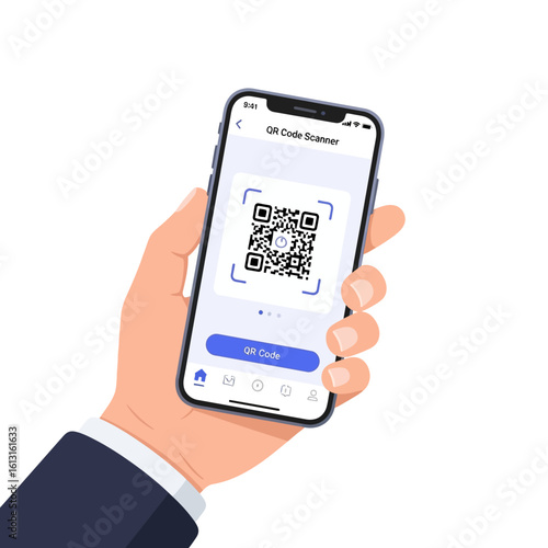 A hand holding a smartphone displaying an QR code scanner app, focusing on a scanned QR code.