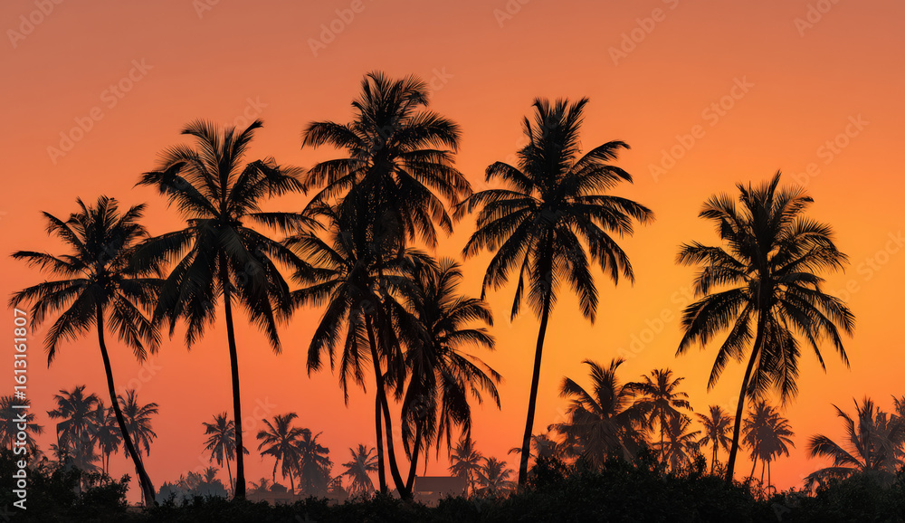 Fototapeta premium Vibrant yellow-orange sunset with palm tree silhouettes on an indian beach