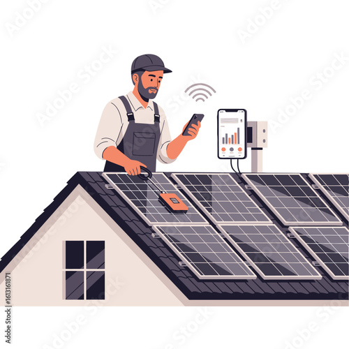 Man in overalls on a roof, using a smartphone to monitor solar panel performance, with a data display nearby.