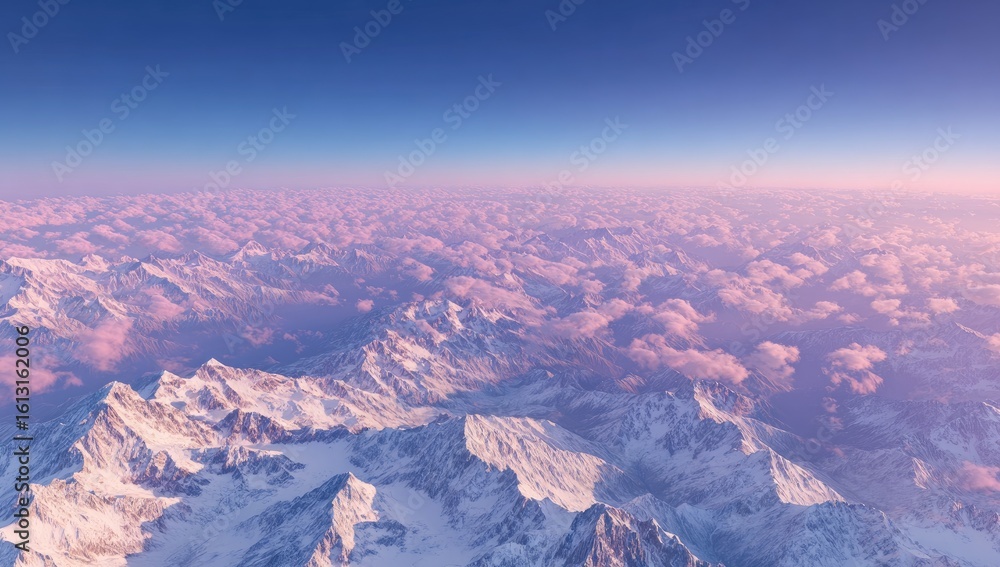 Naklejka premium High-altitude view of snow-capped mountains, clouds