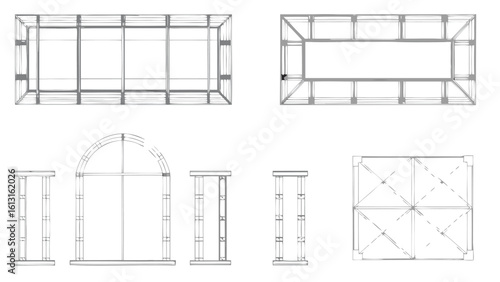 Architectural drawings displaying various window and frame designs in a detailed blueprint layout view