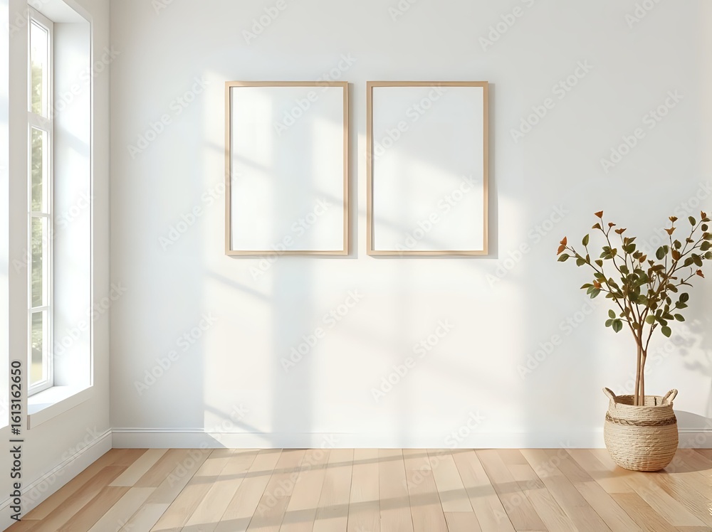 Fototapeta premium japandi gallery wall with multiple mockup frames, calm minimal interior in neutral color tones