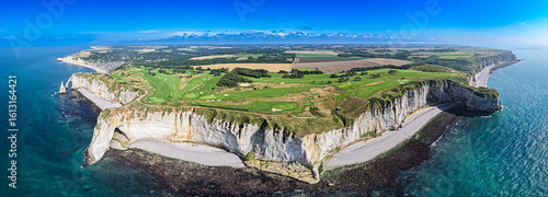 Aerial view of Golf Course at Étretat Cliffs in France on the Coast of the Atlantic Ocean, English Channel