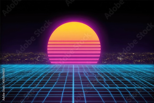 Retro sun over a gridded city landscape