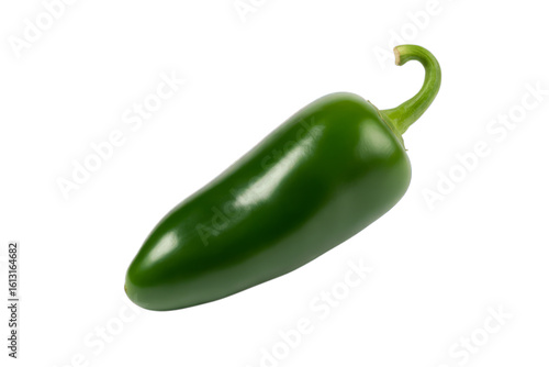 Shiny green jalapeño pepper with curved stem smooth