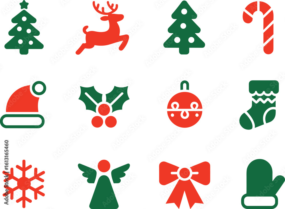Fototapeta premium Merry Christmas Icons Set Green Red Tree Reindeer Candy Cane Santa Hat