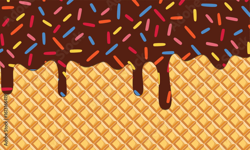 Dark chocolate with glaze melted on wafer background. Chocolate Crispy Waffle with Flowing cream and Sprinkles