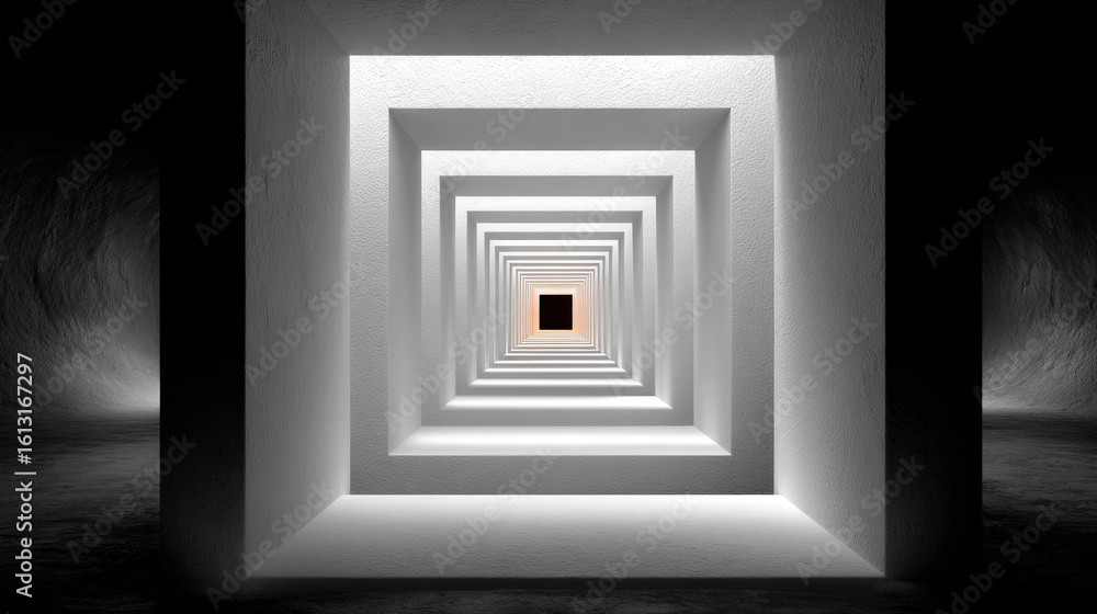 Fototapeta premium Abstract 3d tunnel with shrinking white square frames and perfect symmetry on black