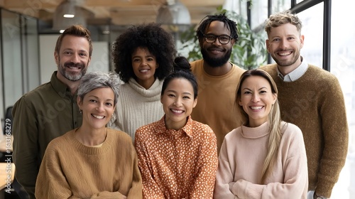 A group of diverse individuals is smiling in a modern office with natural light.