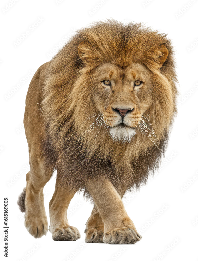 Obraz premium Majestic lion walking portrait nature habitat wildlife isolated on transparent background, png