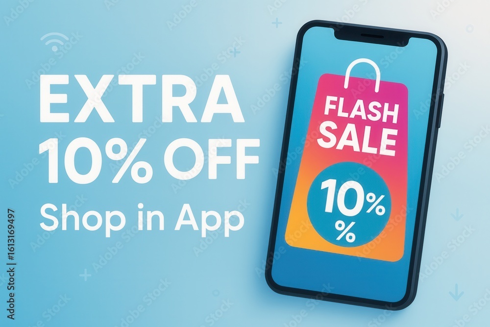 Fototapeta premium Smartphone displaying a colorful flash sale advertisement with 10% off text, encouraging users to shop within the app, set against a gradient blue background.