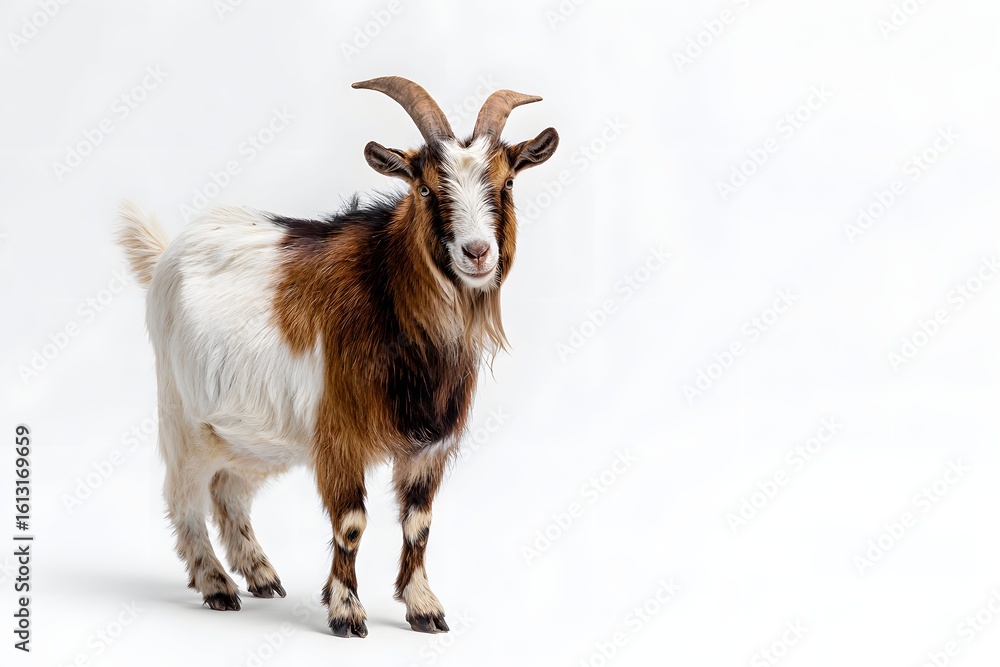 Obraz premium A goat's alert face with textured coat and sharp curved horns shadows detailed by studio lights.