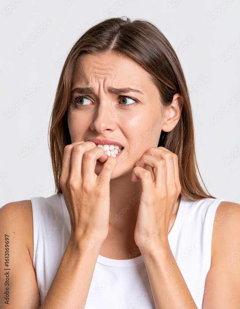Anxious Young Woman Biting Nails Showing Stress and Worry. Anxious Young Woman Biting Nails Showing Stress and Worry.