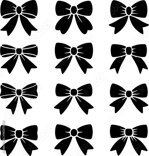 Comprehensive Collection of 24 Black Ribbon Bow Silhouettes: Elegant and Versatile Decorative Knots for Gift Wrapping, Fashion Accessories, Wedding Invitations, and Festive Crafts. Assorted Bow Icons.