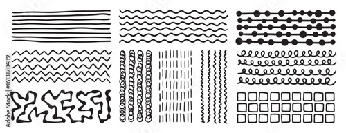 Spiral doodle hand drawn wavy underline set. Wavy lines smooth elements collection. 