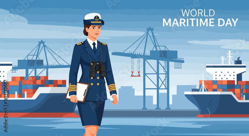 Vector Illustration of Coast Guard Officer in Maritime Day Scene with Cargo Ships and Cranes in Blue