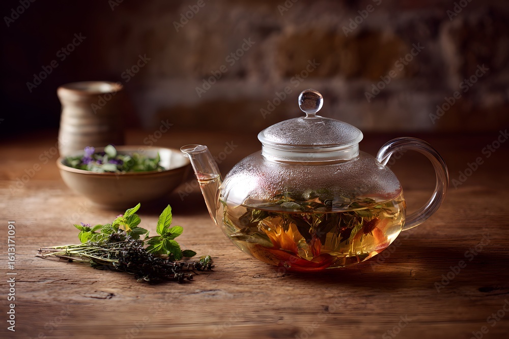 Vibrant, aromatic herbal tea steeps in a sleek glass teapot on a warm wooden table. Vibrant, aromatic herbal tea steeps in a sleek glass teapot on a warm wooden table.