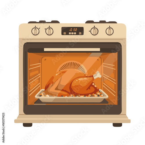 Stuffed turkey cooking behind oven glass door