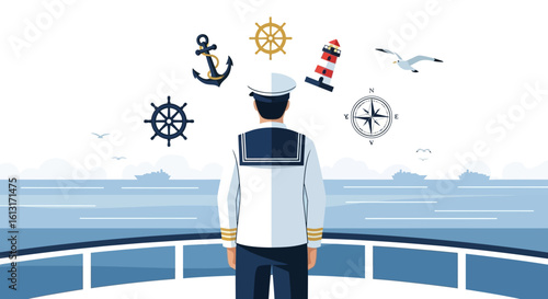 Nautical Vector Illustration with Sailor and Maritime Icons in Flat Design Style