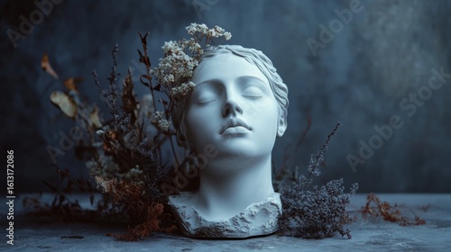 Classical bust sculpture in nature with blue tones for moody art scene and creative melancholic visuals