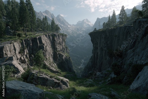 Mountain valley vista from a rocky cliff edge. Lush greenery, towering cliffs, and distant peaks