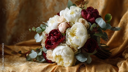 A luxurious combination of white peonies, deep red roses, and pale green eucalyptus, a warm golden fabric with intricate textures