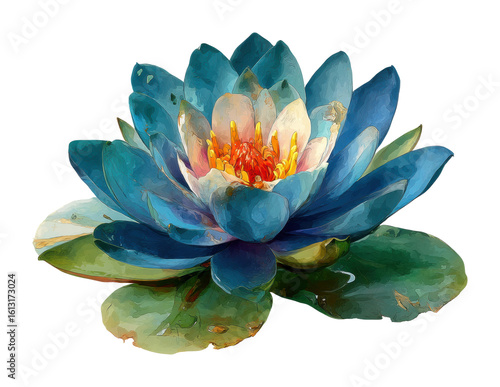 Blooming blue lotus flower tranquil pond digital nature isolated on transparent background, png