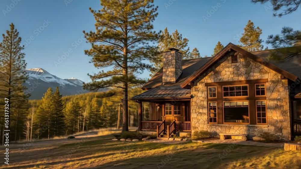 Stunning mountain cabin retreat with snow-capped peaks at sunrise offers peaceful escape Stunning mountain cabin retreat with snow-capped peaks at sunrise offers peaceful escape