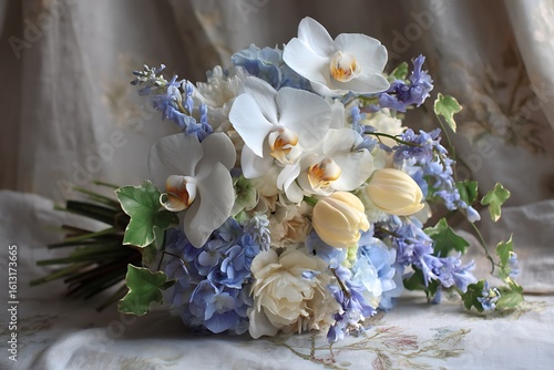 A peaceful composition of white orchids, soft blue hydrangeas, and pale yellow tulips, complemented by sprigs of lavender and trailing ivy.