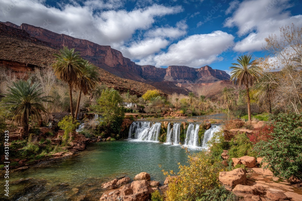 Fototapeta premium Desert waterfall cascading into a pool, surrounded by palm trees and red rock mountains