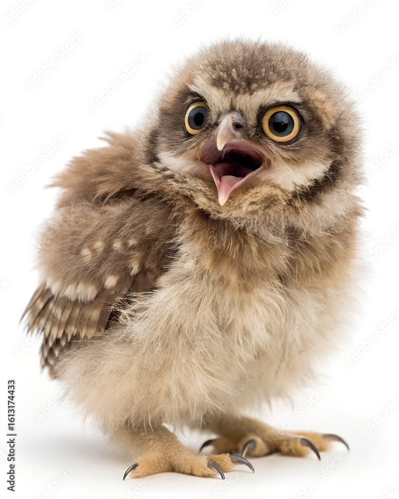 Fototapeta premium Baby owl with open beak standing on white background 