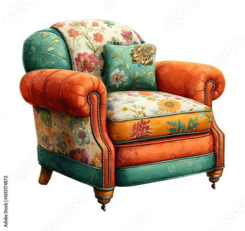 Home furniture inspiration stylish floral armchair showcase isolated on transparent background, png