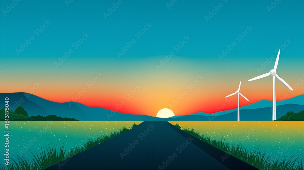 Fototapeta premium Scenic landscape illustration featuring a winding road leading towards a vibrant sunset, with wind turbines on either side, surrounded by lush fields and distant mountains