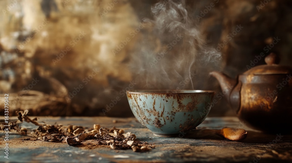 Fototapeta premium Steaming teapot with spices and herbs on rustic surface with warm moody lighting for cozy tea scene