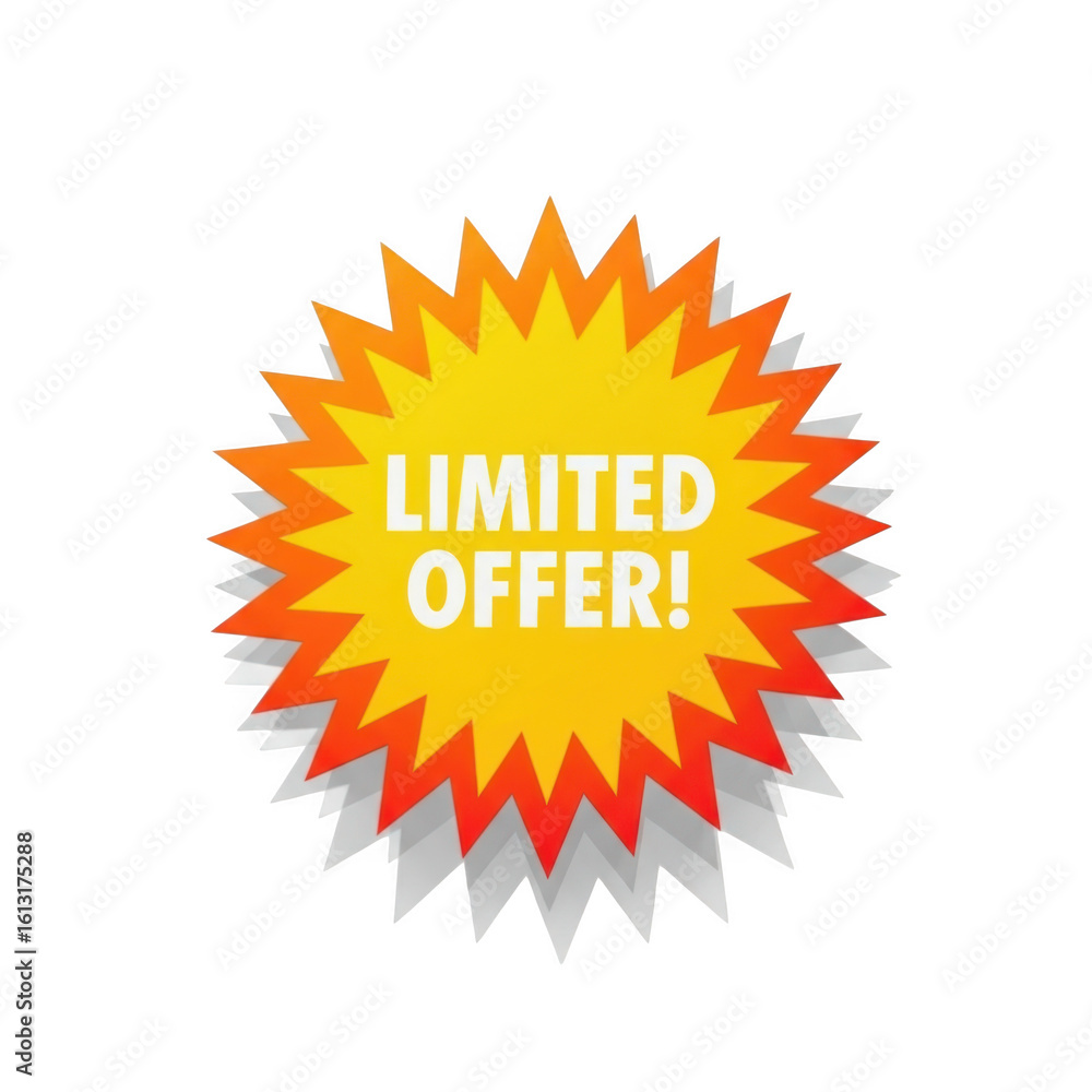 Fototapeta premium Bright yellow starburst with limited offer text isolated on transparent background