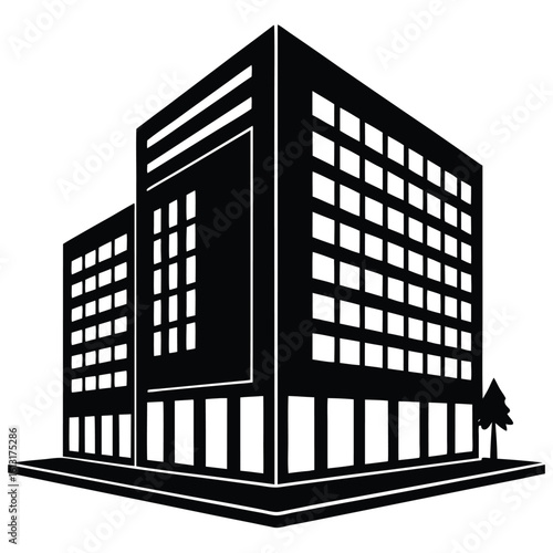 Office Bulding vector silhouette Single collection, Office Buildings Icon Square Button Set
